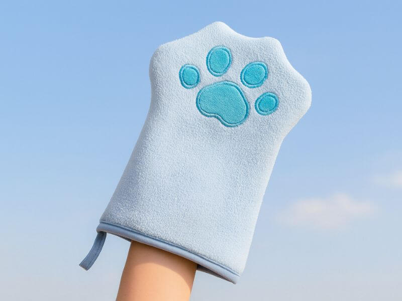 Gant en microfibre bleu clair avec empreinte brodée – accessoire d’<strong>hygiène</strong> imperméable et antidérapant pour sécher les chats en douceur.